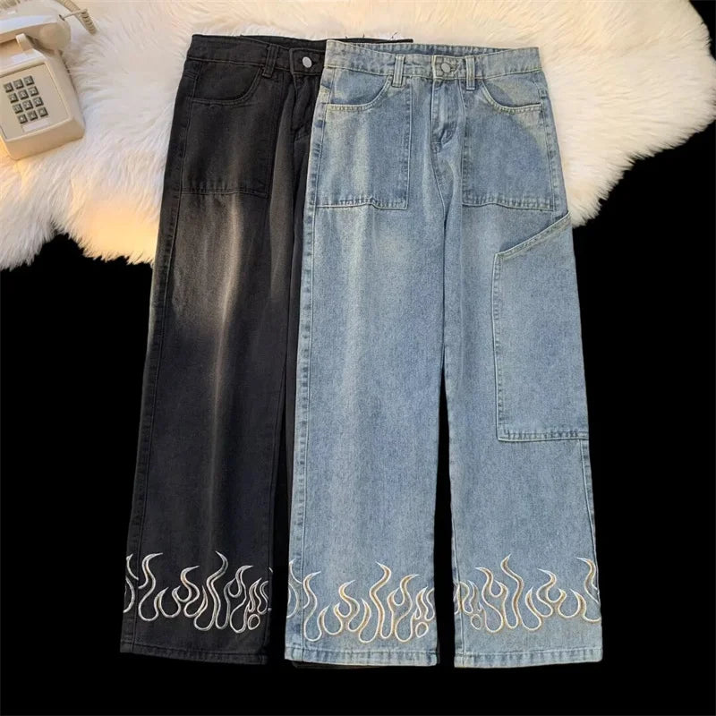 Men's Y2K Flame Print Baggy Jeans