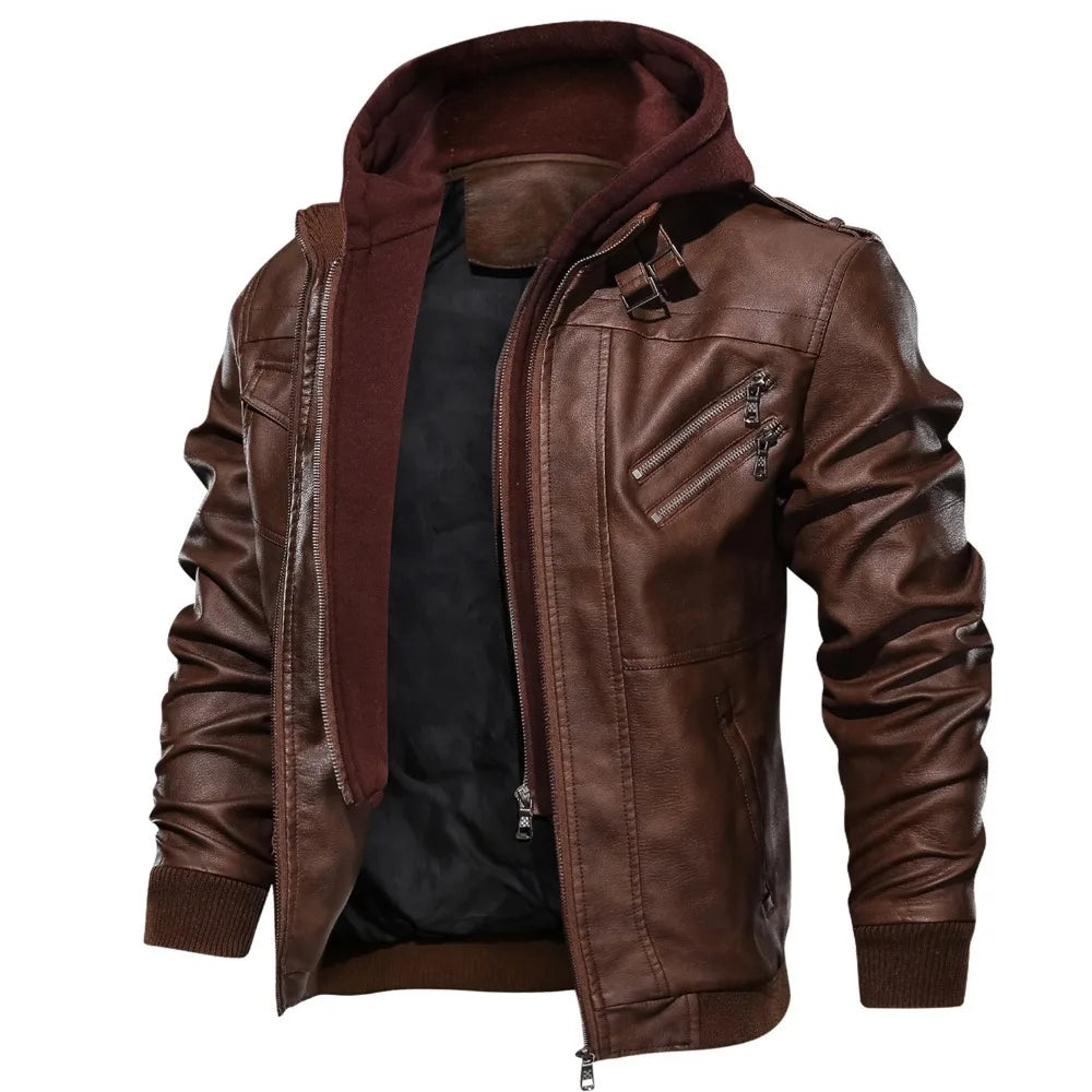 Men's Hooded PU Leather Biker Jacket