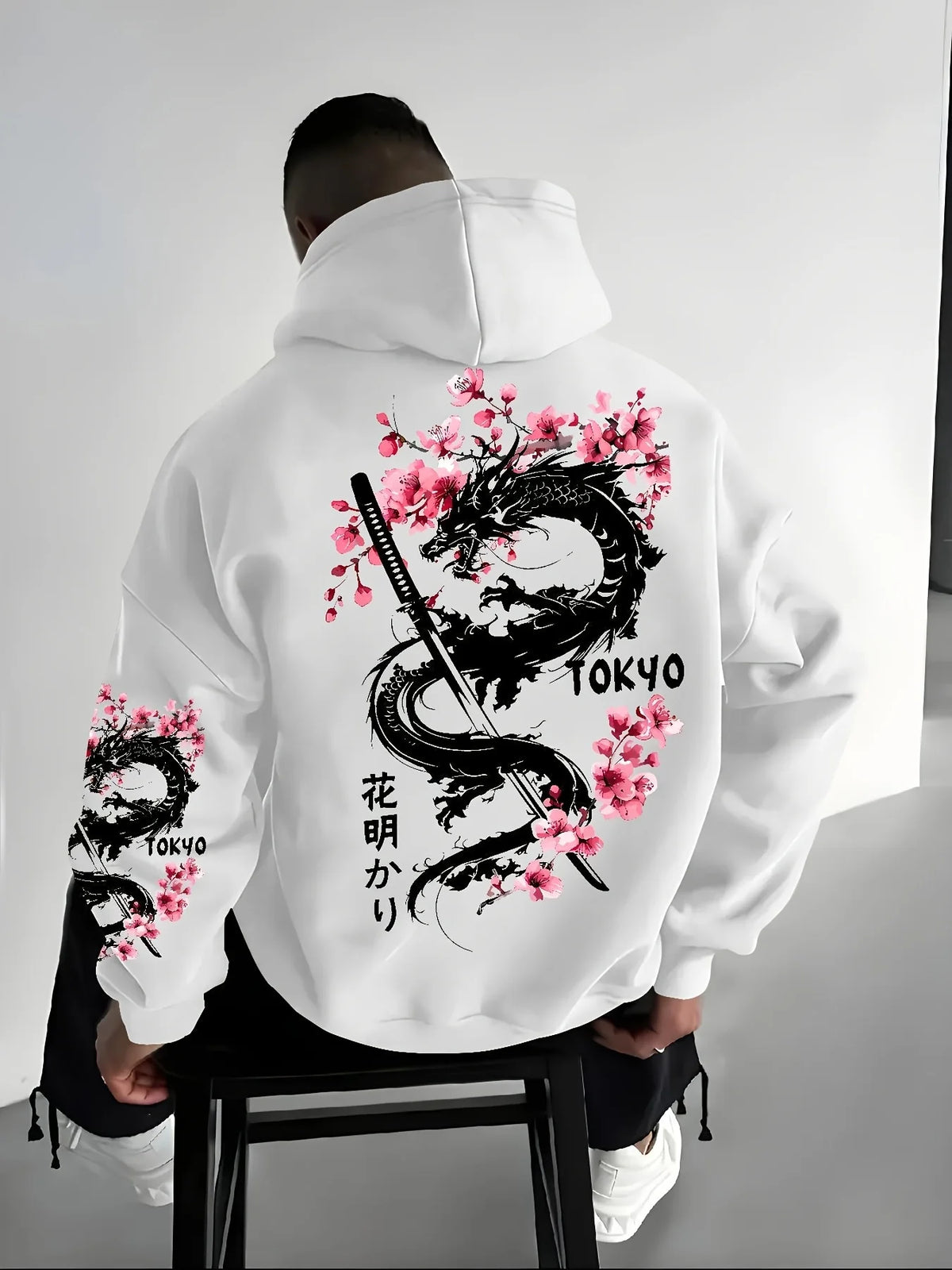 Men's Dragon Cherry Blossom Print Hoodie
