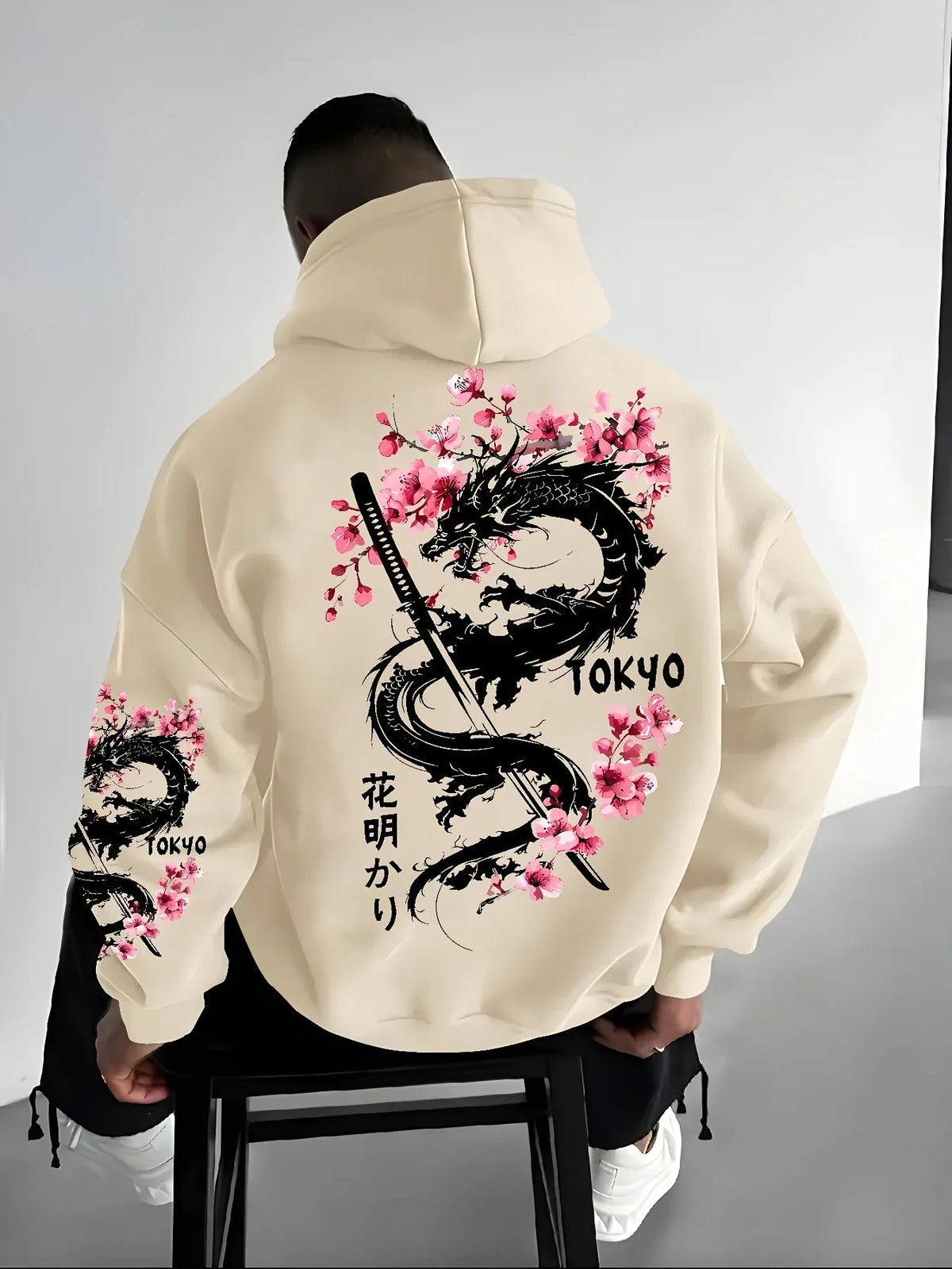 Men's Dragon Cherry Blossom Print Hoodie