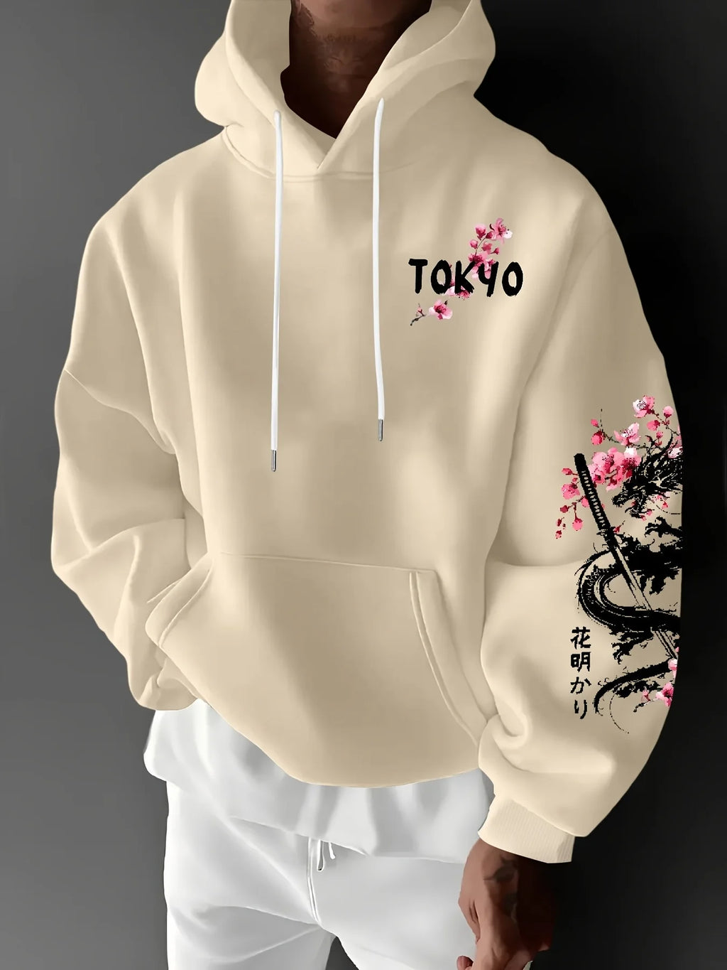 Men's Dragon Cherry Blossom Print Hoodie