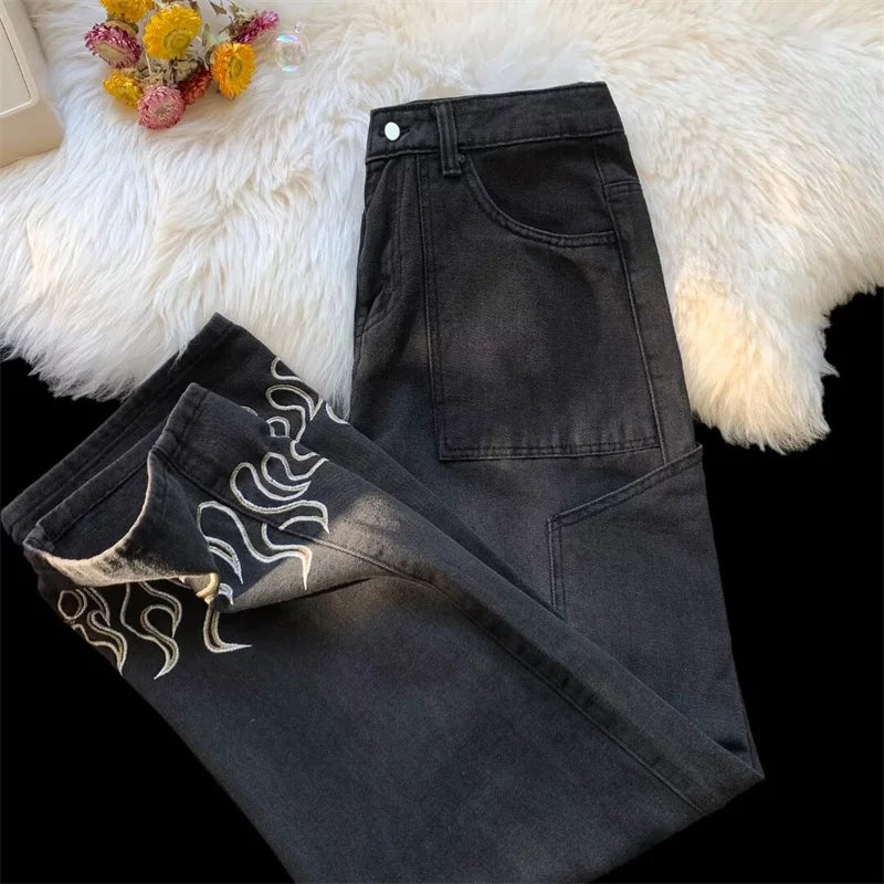 Men's Y2K Flame Print Baggy Jeans