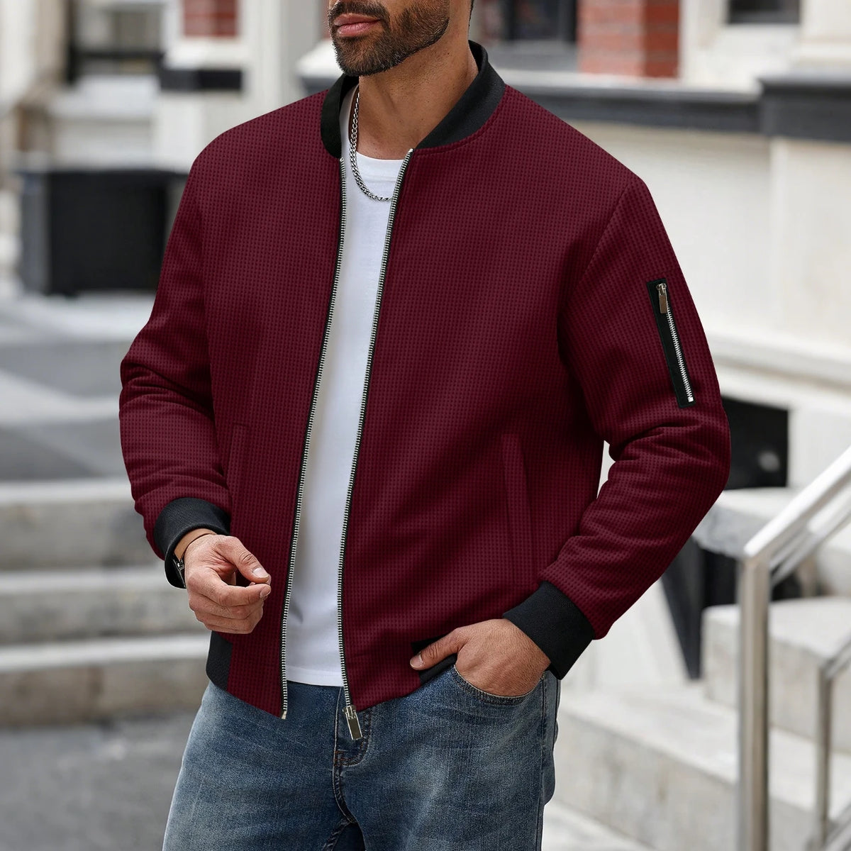 Men's Waffle Knit Bomber Jacket