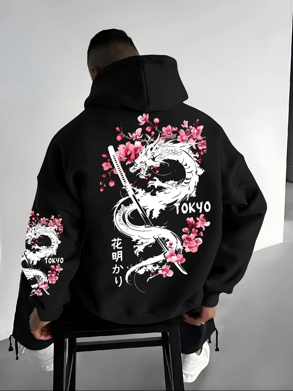 Men's Dragon Cherry Blossom Print Hoodie