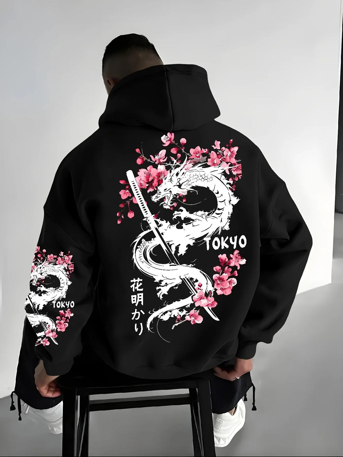 Men's Dragon Cherry Blossom Print Hoodie