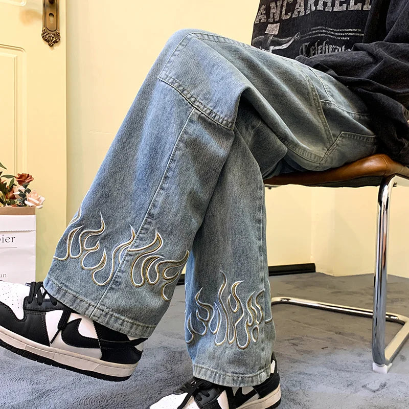 Men's Y2K Flame Print Baggy Jeans