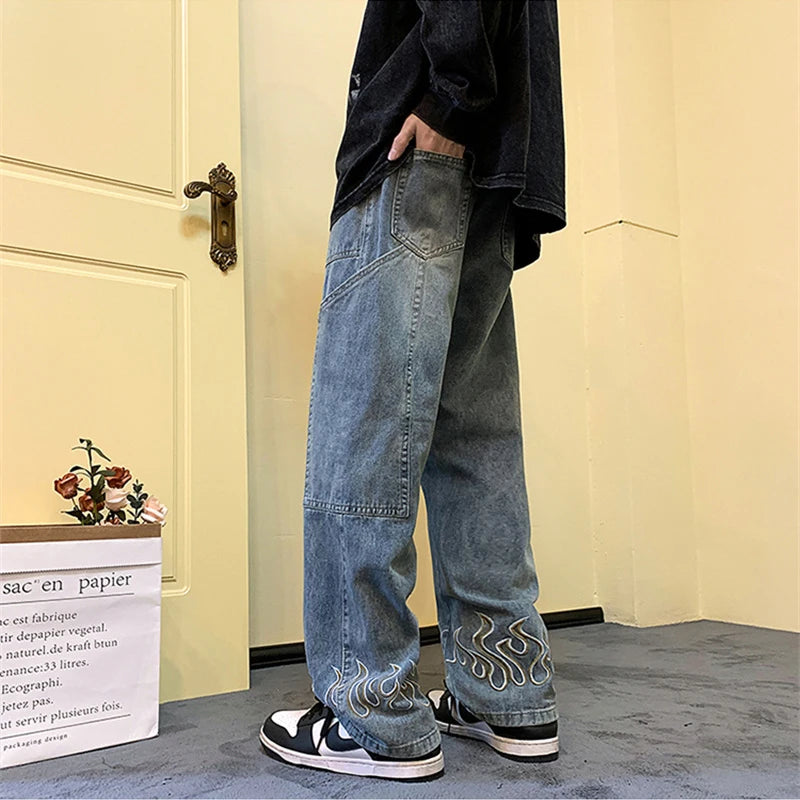 Men's Y2K Flame Print Baggy Jeans
