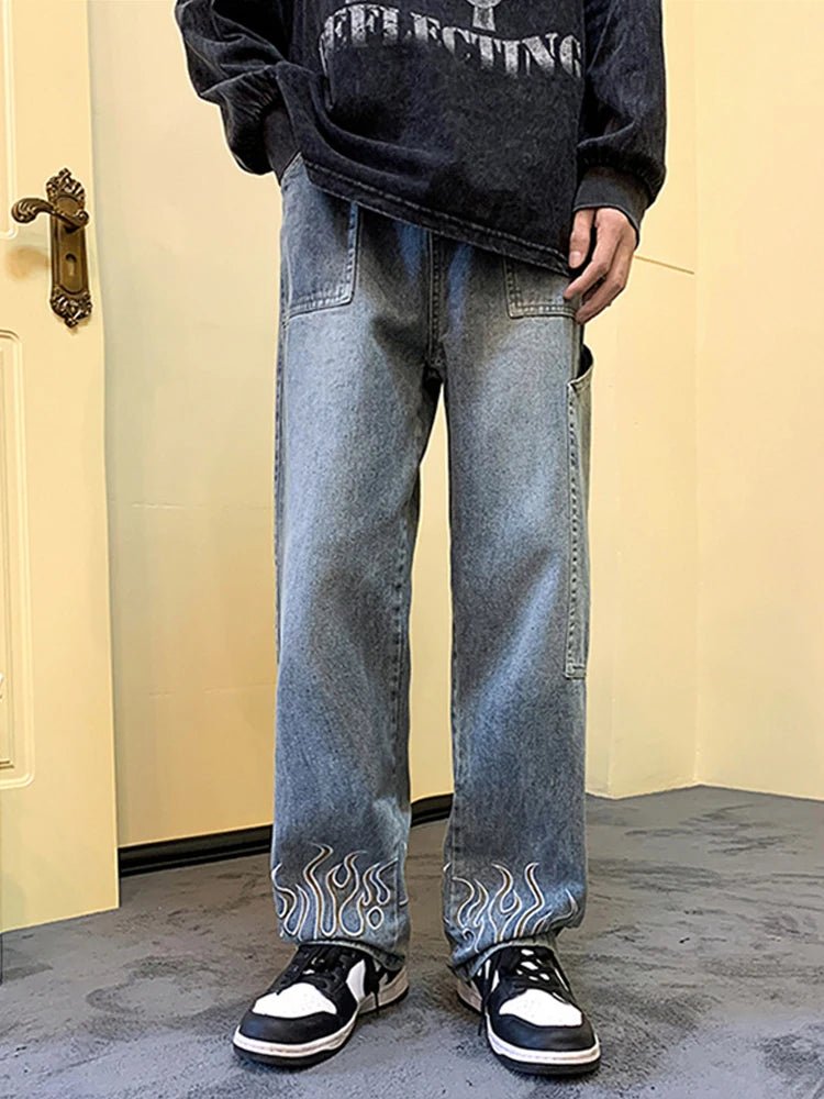 Men's Y2K Flame Print Baggy Jeans