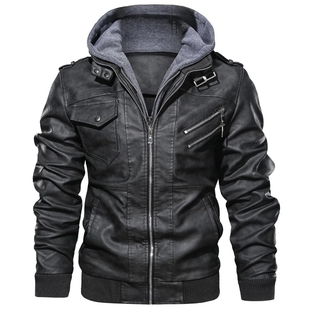 Men's Hooded PU Leather Biker Jacket