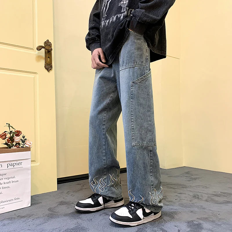 Men's Y2K Flame Print Baggy Jeans
